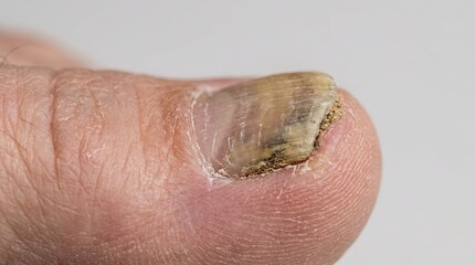 Fototapeta premium close up of a fungal infected toenail on a human foot toe with thickened discolored nail plate and surrounding skin
