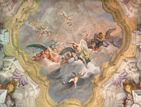 MONZA, ITALY - MARCH 19, 2026: The baroque fresco of angesl with the crown (marianic symbol) in the Cathedral by Carlo Innocenzo Carloni (1738 -1740).