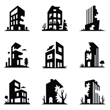 Collection of black silhouette city buildings with damaged structures and trees