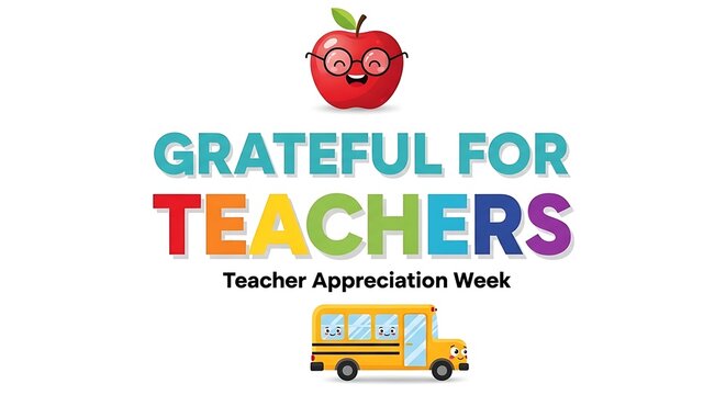 Colorful teacher appreciation week poster with smiling apple and school bus illustration