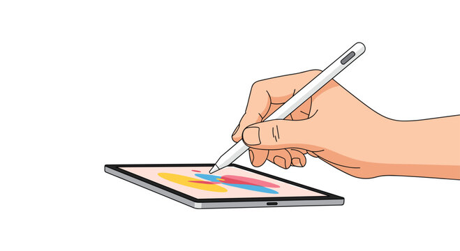A human hand uses a precise white digital stylus to create vibrant colorful artwork on a sleek modern tablet against a plain white background.