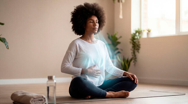Centered woman practicing diaphragmatic breathing with airflow overlay