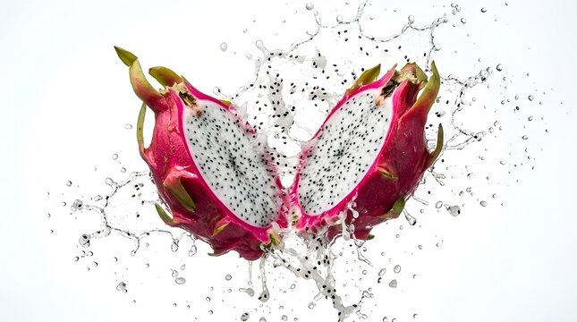A vibrant dragon fruit explodes in water with splashes and droplets everywhere