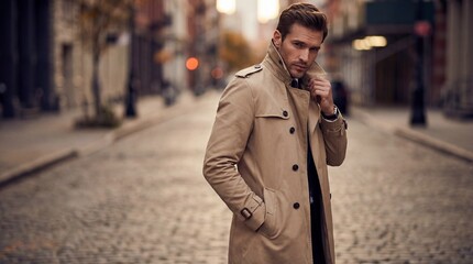Fototapeta premium Stylish man in trench coat posing on cobblestone street in autumn 