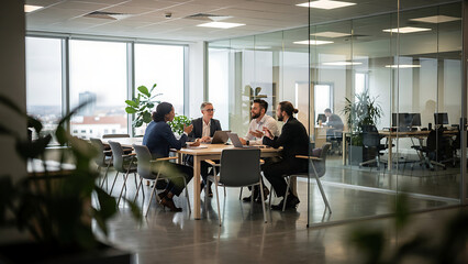 Fototapeta premium Blurred office interior space background with people working and meeting on table Business concept