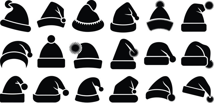 Black and white line collection of various hats and headwear styles line hats