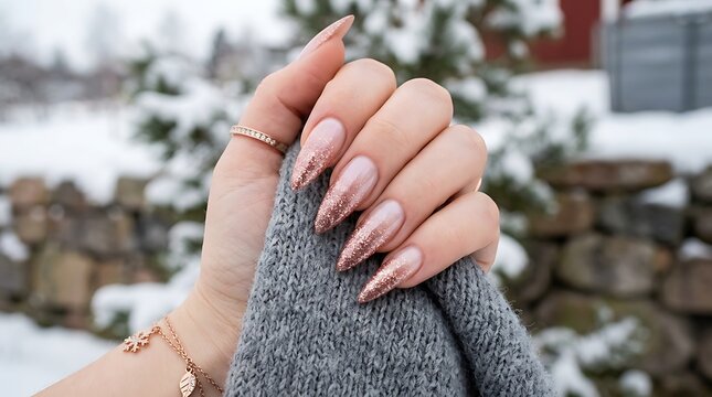 Woman's hand with long nails and rose gold jewelry in winter