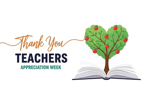 Heart-shaped green tree with red berries growing from open book for Teacher Appreciation Week concept