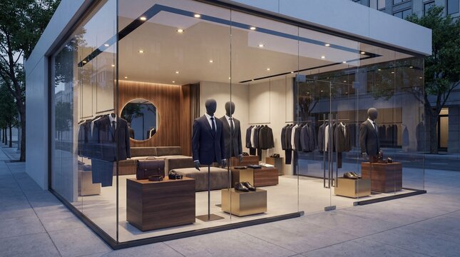 Modern clothing store with glass walls, mannequins in formal suits, wooden furniture, and elegant minimalist interior design with warm lighting