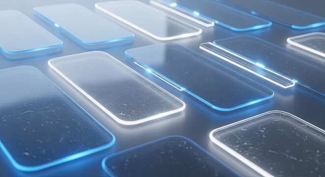 Glowing blue and white rectangles on a dark surface with natural lighting effects and copy space for