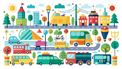 Naklejka premium Colorful collection of vehicles and transportation elements arranged on white background
