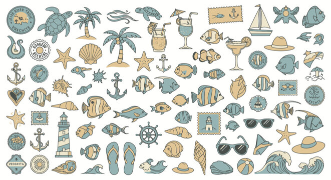 Seamless pattern of summer beach and sea life elements