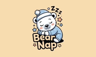 Charming cartoon illustration of a sleeping polar bear cub with 'bear nap' text © SMFARHANTANVIR