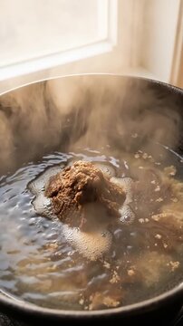 Fermented miso paste lump dissolving in hot water inside a dark ceramic bowl with intense steam and comforting sensory texture
