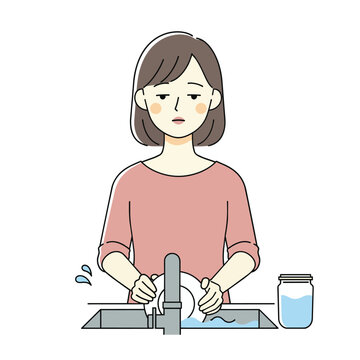 A woman with a tired expression is washing dishes in a sink. She is wearing a pink shirt and has short brown hair. A jar of water is next to the sink.