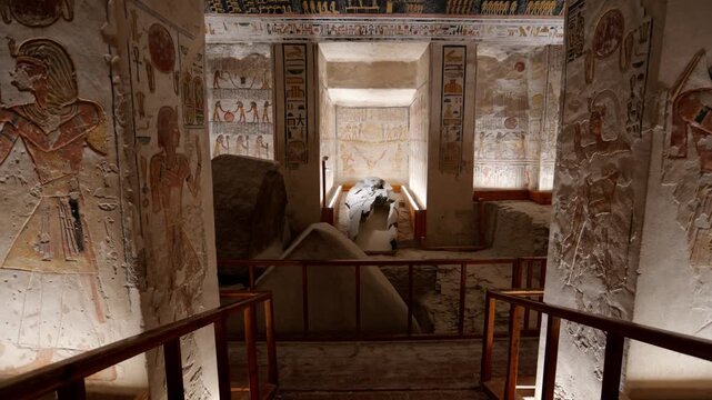 Broken stone sarcophagus of an ancient Egyptian pharaoh Ramesses inside a royal burial chamber of royal tomb KV 9, Valley of the Kings, Luxor, Egypt, with vivid hieroglyphic murals on walls.