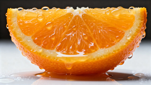 Juicy orange wedge in macro style in vibrant orange representing freshness and vitality (with copy space)