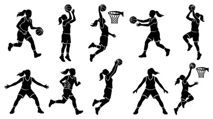 10 Woman Playing Basketball Silhouette Vector Pack – Female Sport & Athletic SVG Collection © delly