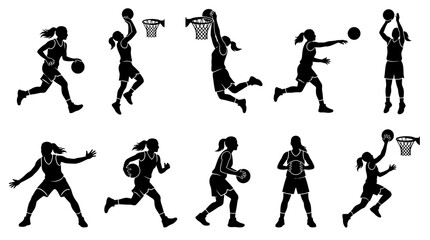 10 Woman Playing Basketball Silhouette Vector Pack – Female Sport & Athletic SVG Collection © delly
