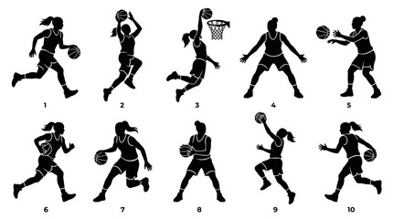10 Woman Playing Basketball Silhouette Vector Pack – Female Sport & Athletic SVG Collection © delly