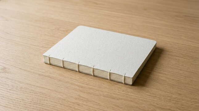 Minimalist blank notebook with soft natural shadows on wood
