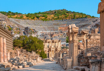 Celsus Library in Ephesus with Amphitheater in Ephesus in the background  (Efes) - Selcuk, Turkey © muratart