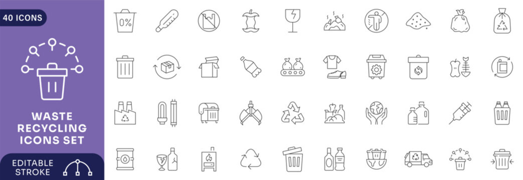 waste recycling icon set. Outline Icon Collection. Editable stroke.