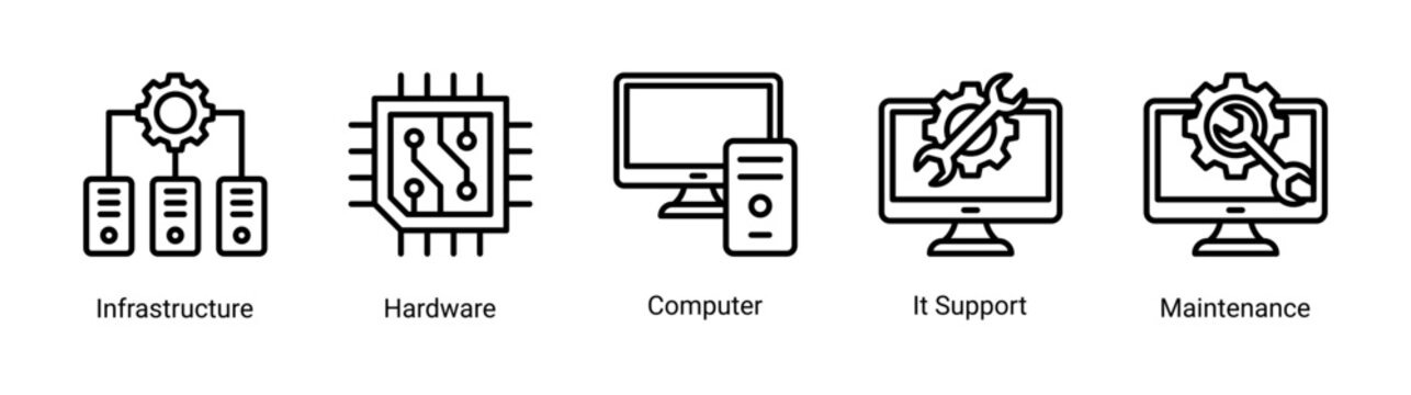 System core icon set including infrastructure,hardware,and IT support concepts.Suitable for technical,engineering,and system operation visuals.