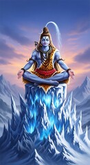Fototapeta premium Hindu deity Shiva meditating on mountain.