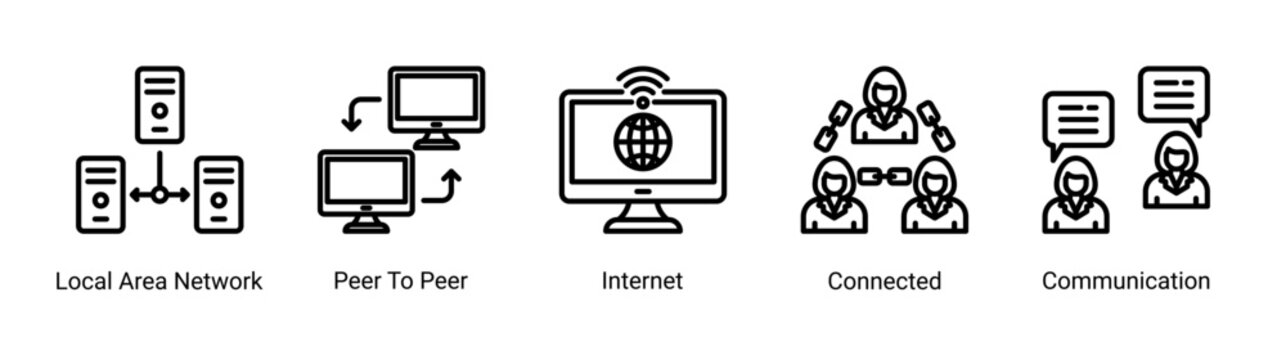 Network flow icon set featuring connection,internet,and communication systems.Suitable for networking and digital communication visuals.