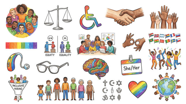 Diversity and inclusion icon set with multicultural people, equality scales, wheelchair access, handshake, sign language, pride symbols and community support elements