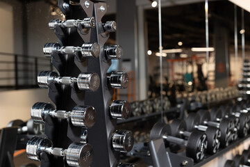 Naklejka premium Various exercise tools, creating environment for effective workouts. Interor of crossfit and gym.