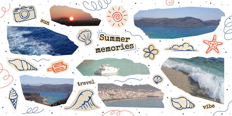 Set Of Retro Elements For Summer Collage. Vector photo clippings with grunge texture with images of the sea, sun, coast, sky. Summer sea doodle collection for summer-themed design, travel poster. © Yaran