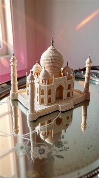 A slow orbit showcases a crochet mausoleum inspired by the Taj Mahal resting on a vintage silver tray, reflecting the structure while loose yarn threads lie nearby