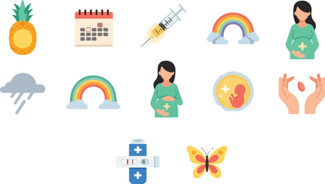 Pregnancy icons collection depicting pineapple, calendar, syringe, rainbow, pregnant woman, fetus, hands, and pregnancy test.
