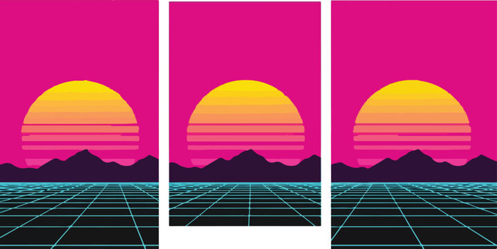 Retro eighties synthwave sunset landscape with neon grid and silhouette mountains set of vertical banner templates style.