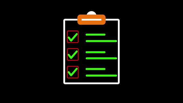 Animated white clipboard with orange clip on black. This clipboard has check marks. A clean clipboard for modern office work and professional data entry animations.