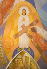 Fototapeta premium CREMA, ITALY - MARCH 20, 2026: The detail of ceiling fresco in sacristy (Immaculate Conception) of the church Santuario di Santa Maria della Croce by Rosario Follini (1998).