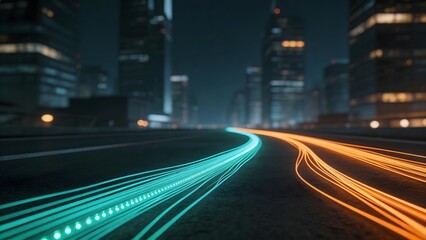Fototapeta premium Futuristic city road with glowing light trails