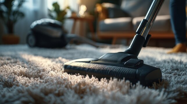 Vacuuming carpet in living room during afternoon light
