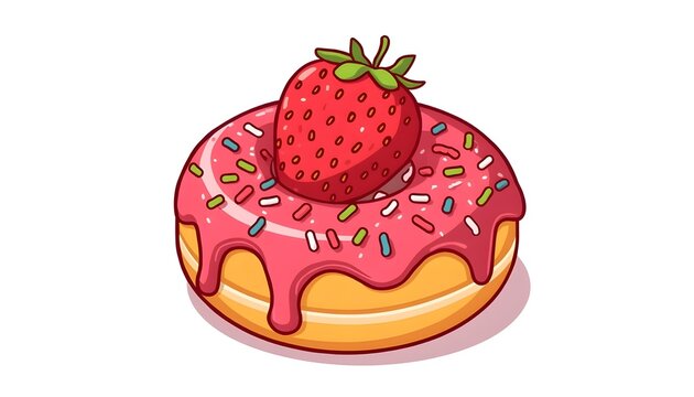 Illustration of a strawberry donut with pink frosting and sprinkles, isolated on white background