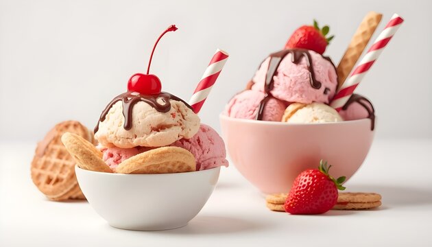 Two bowls of delicious ice cream with chocolate syrup, fresh strawberries, a cherry, cookies, and wafers on a light background