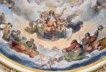 Fototapeta premium BERGAMO, ITALY - MARCH 21, 2026: The fresco of Apotheosis of St. Alexander in the church Chiesa di San Alessandro in Colonna by Vincenzo Angelo Orelli (1751 – 1813).