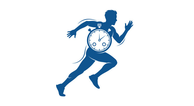 Dynamic athlete in motion, symbolizing speed, endurance, timed achievement in sports and fitness training, with a stopwatch emblem for peak performance measurement and race timing