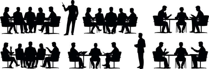 Fototapeta premium Black silhouettes of professionals engaged in office meetings, teamwork collaboration, corporate discussions, and business presentations with laptops, documents, and charts