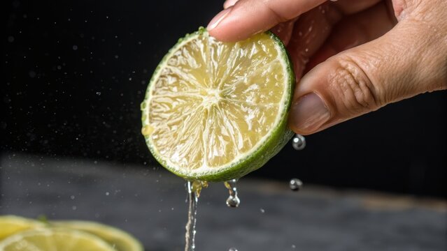 Hand squeezing a lime with juice dripping down, set against a dark background with water droplets splashing.