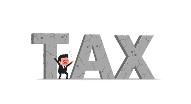 A determined businessman in a black suit sweats profusely while attempting to push aside giant cracked stone letters spelling out the word TAX today.