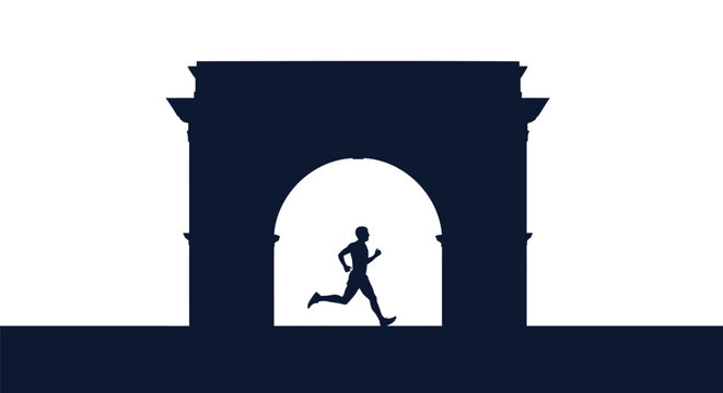 Minimalist runner silhouette passing through triumphal arch, marathon athlete jogging in city landmark, sports and fitness vector illustration