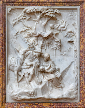 BERGAMO, ITALY - MARCH 21, 2026: The marble baroque relief  Rest on the Flight into Egypt in Douomo - Cattedrale di Sant Alessandro by Fantoni workroom (1709 )