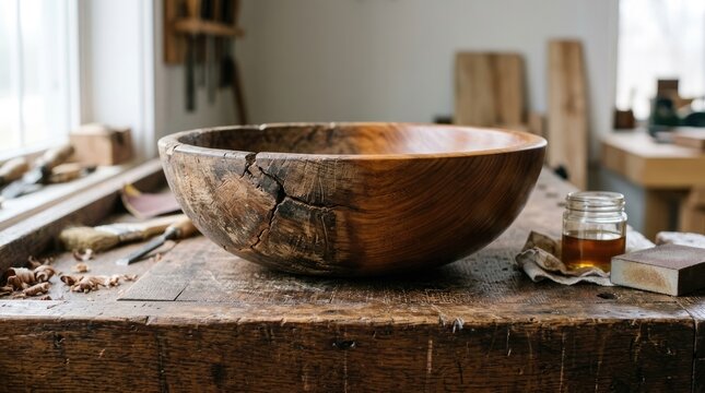 Rustic Wooden Bowl on Carpentry Table in Artistic Workshop